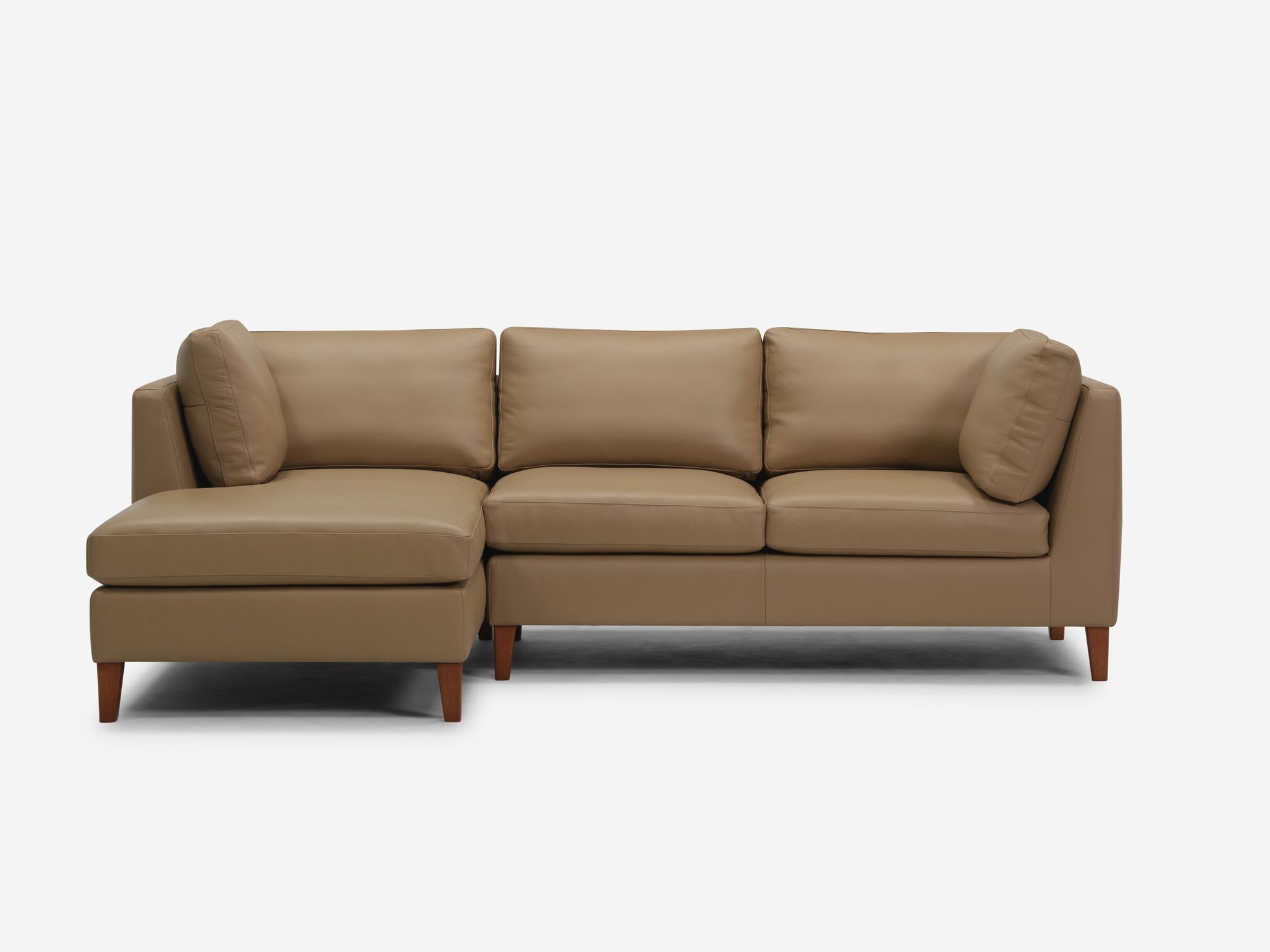 Front view of the Salema modular sofa in leather with left hand chaise